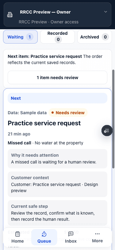 Illustrative sample RRCC mobile Recovery Queue showing a prioritized record, its sample-data label, and the next safe human step